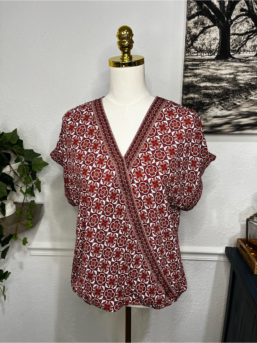 Max Studio Red Floral Faux-Wrap Blouse Medium